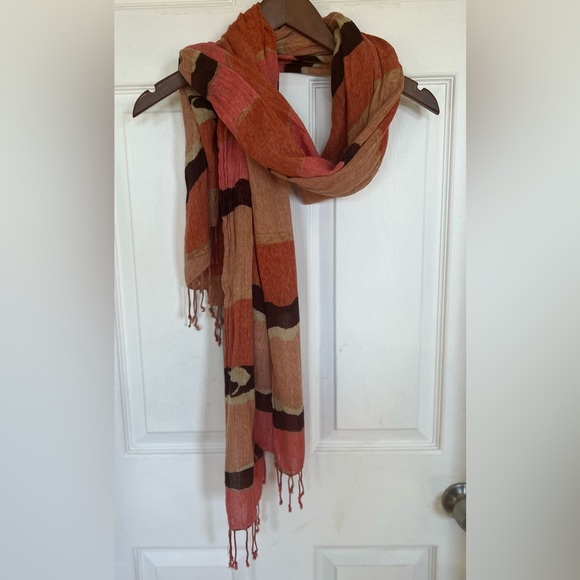 Talbots Orange Salmon Rust Southwestern Fringed Oblong Scarf - Picture 3 of 6